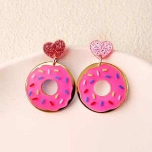 Donut Dangle‎ Earrings Pink Heart Charm Fun Food Jewelry Cute Earrings